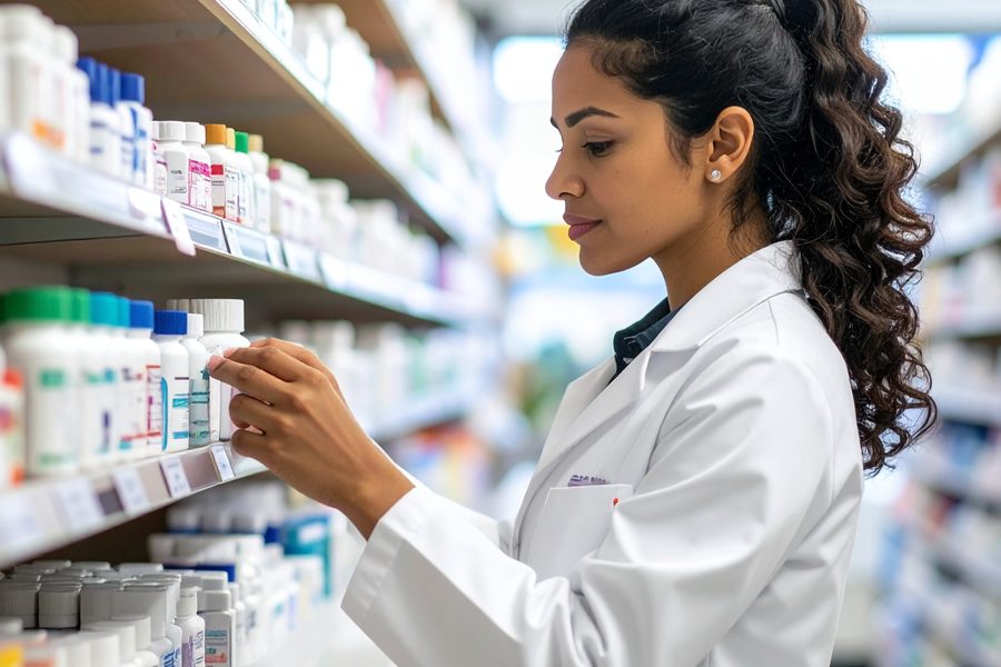 Pharmacist organizing authentic medical supplies