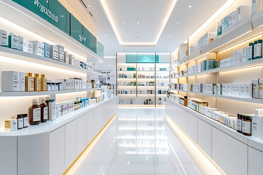 Interior of Rukn Al Majaz Pharmacy shelves stocked with medicine